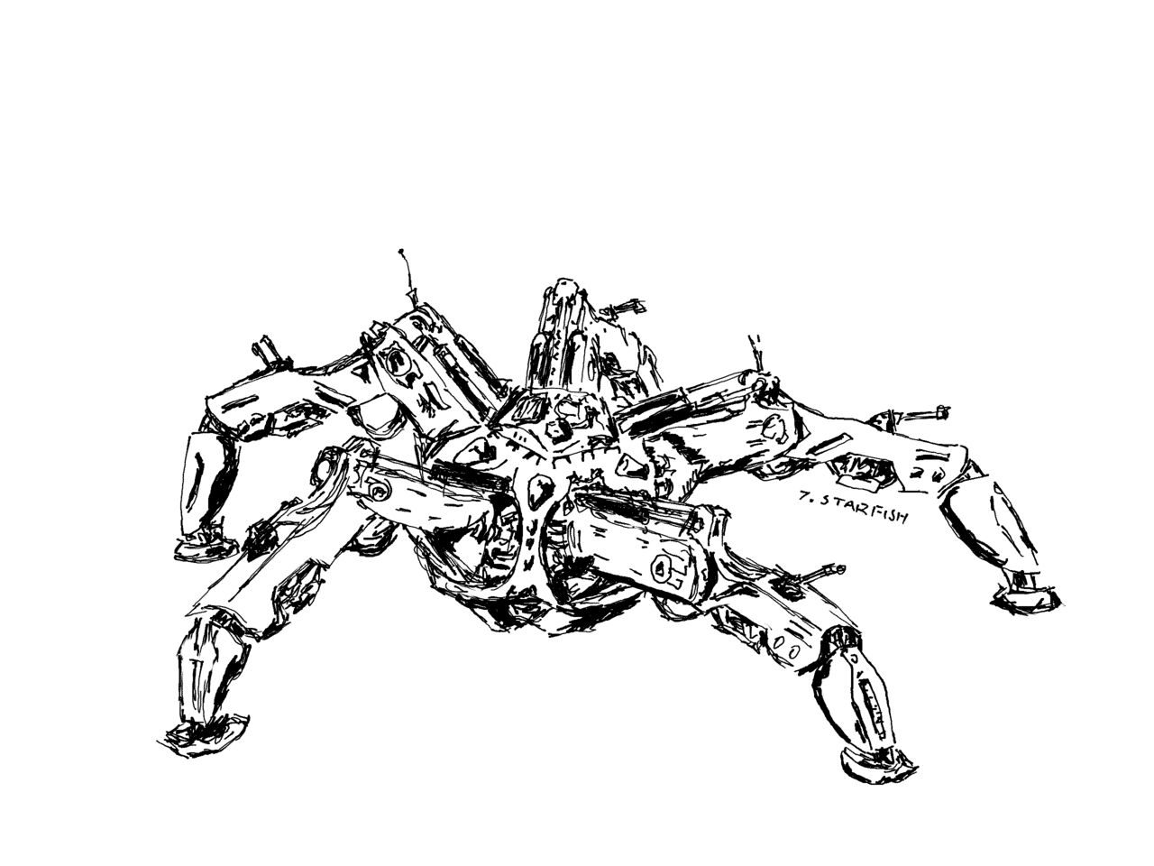 Big robot with a central body low to the ground and five sprawling legs